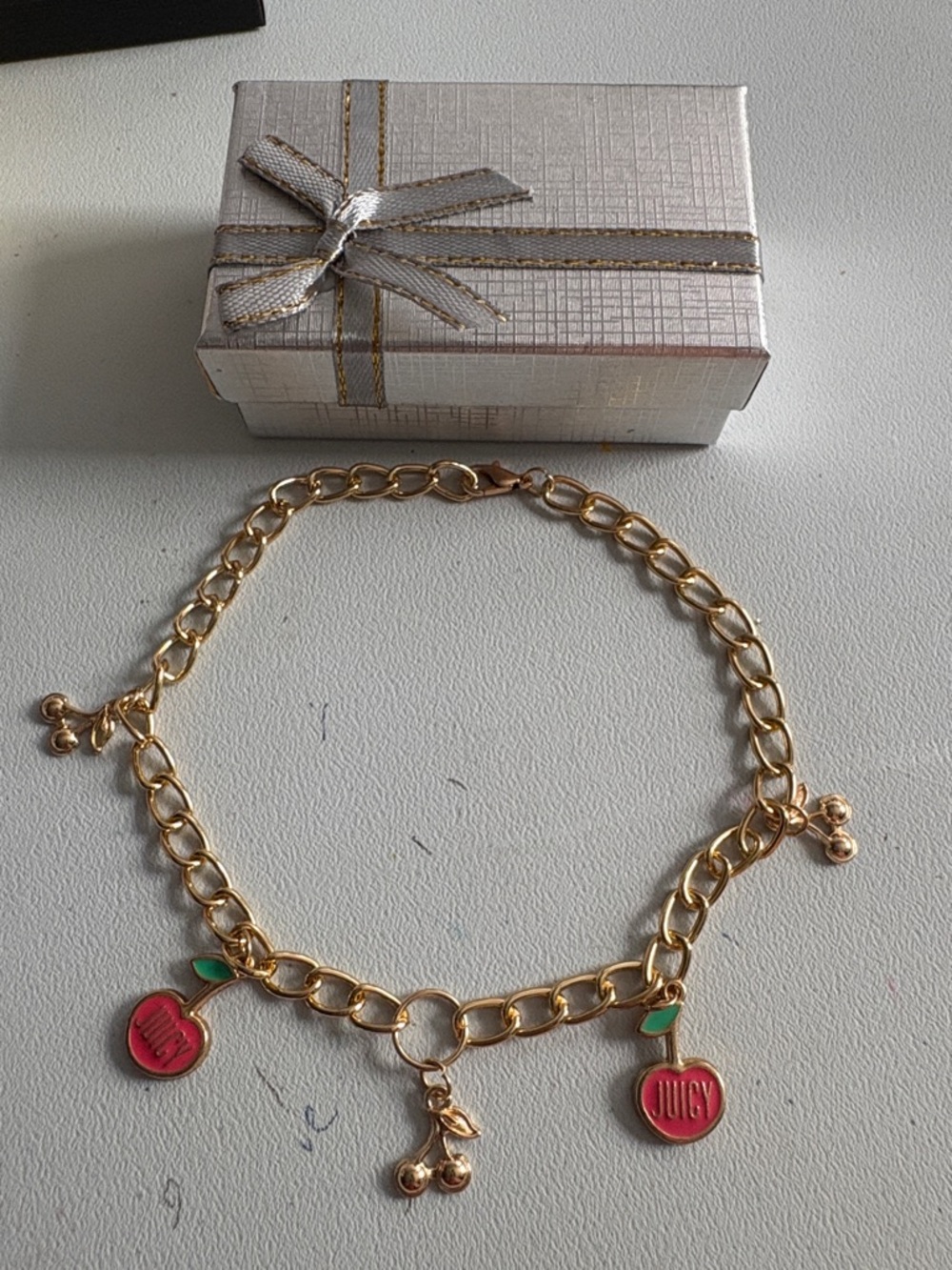 Juicy Couture Gold Tone Chain Bracelet with Red Cherry Charms